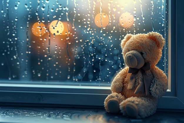 Orso di peluche seduto sul davanzale di una finestra piovosa