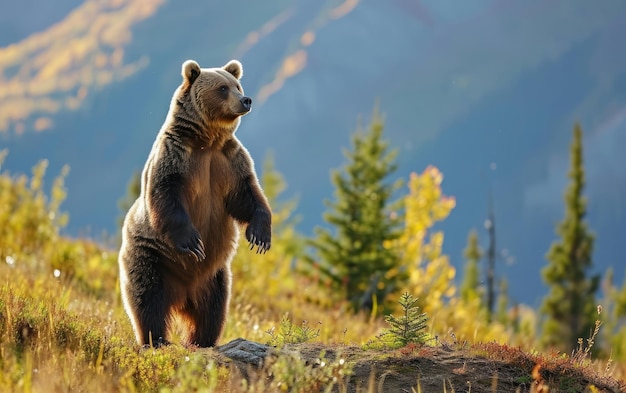 orso grizzly in piedi sulle zampe posteriori esaminando il deserto