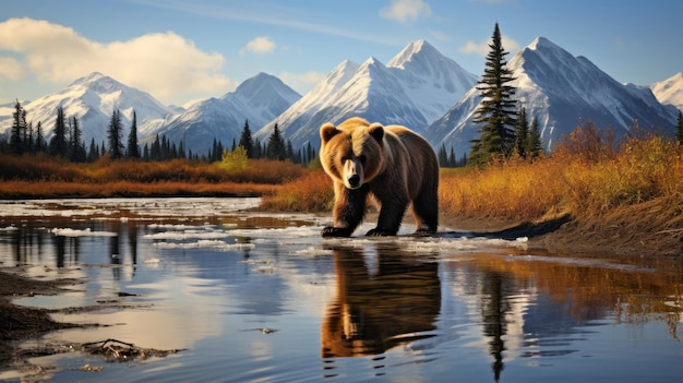 Orso grizzly selvaggio in un paesaggio dell'Alaska con lago e montagne