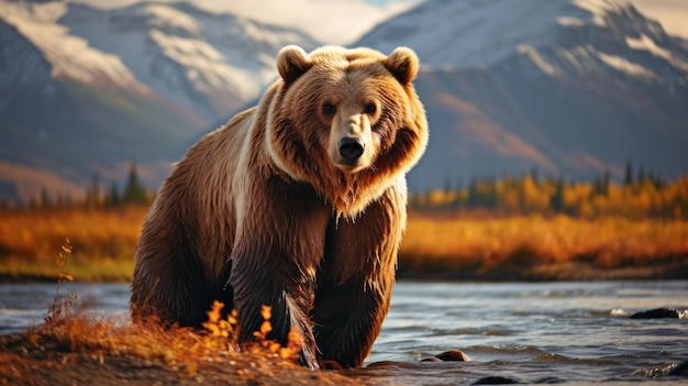 Orso grizzly selvaggio in un paesaggio dell'Alaska con lago e montagne