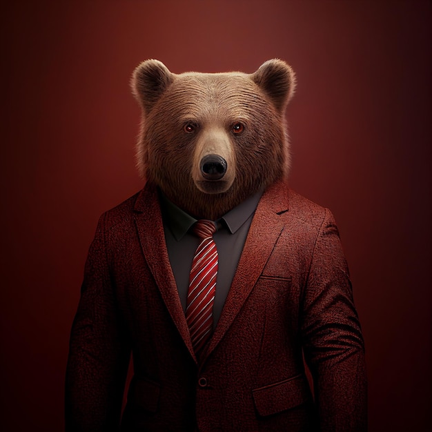 Orso in abito elegante e camicia da cena indossa abito rosso per l'ufficio aziendale