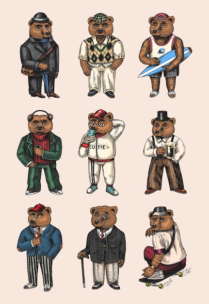 Orso in costume vintage con carattere animale moda birra in giacca di tweed schizzo disegnato a mano retrò