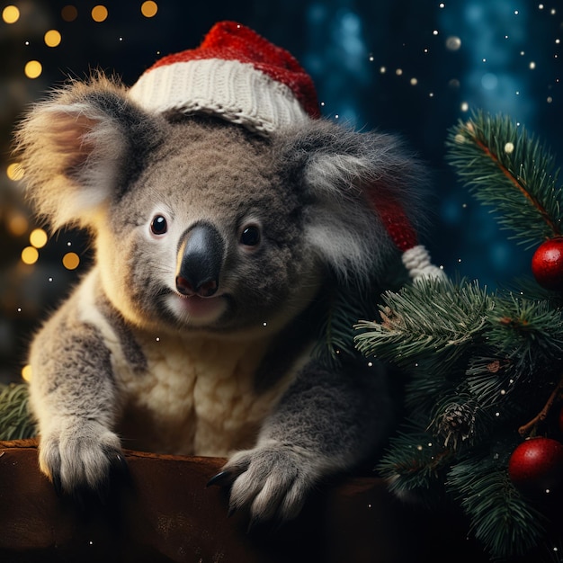 Orso koala che indossa un berretto da elfo, idea per un biglietto o un invito di Natale e Capodanno