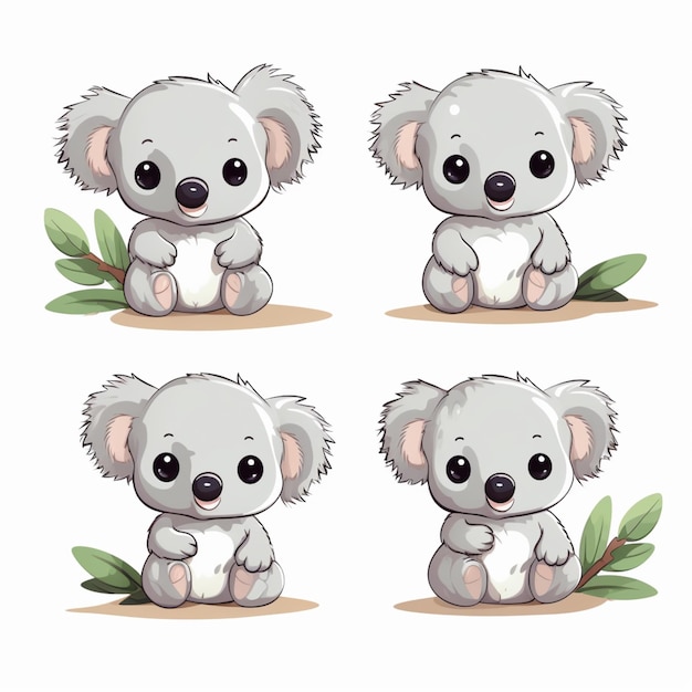 orso koala di cartone animato seduto a terra con quattro diverse pose generative ai