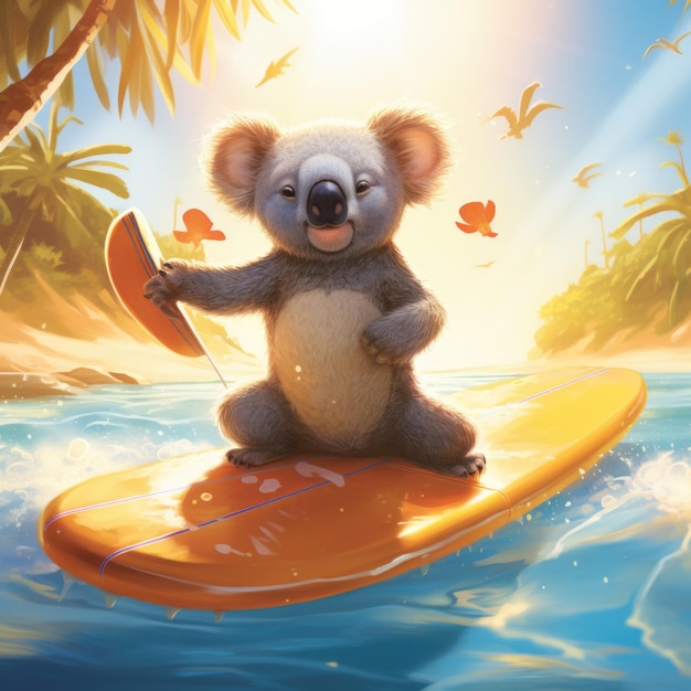 Orso koala su una tavola da surf al sole