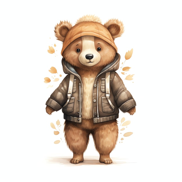 Orso marrone con bellissimi vestiti acquerello stile per bambini vivaio animali parete