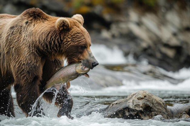 Orso marrone con pesce in bocca Comportamento predatorio in natura Un orso grizzly lungo un fiume che cattura bruscamente un pesce con la bocca