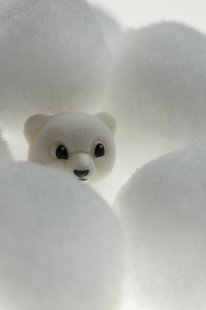 orso nella neve. Giocattolo dell'orso polare in pompon bianchi.