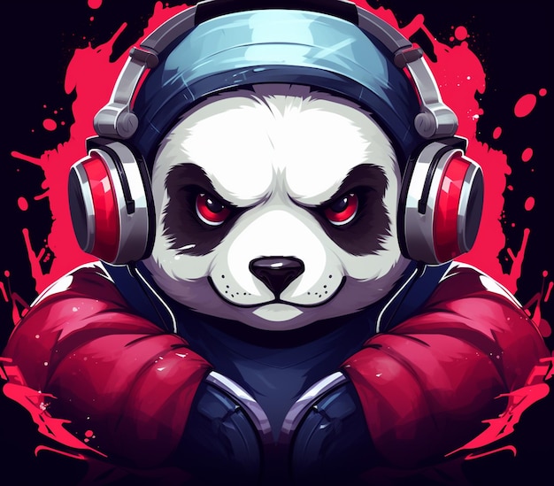 orso panda che indossa cuffie e una giacca rossa con schizzi di sangue che genera intelligenza artificiale