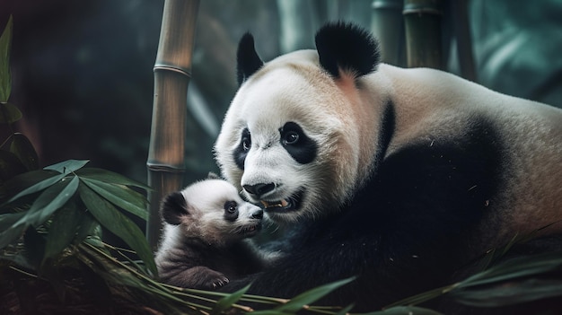 Orso panda con cucciolo nella foresta di bambù con pianta di bambù in primo piano ai generativo