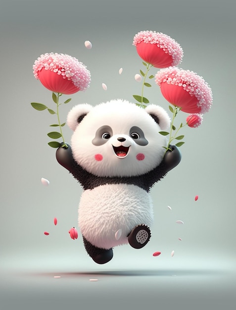 Orso panda con fiori nell'aria generativa ai