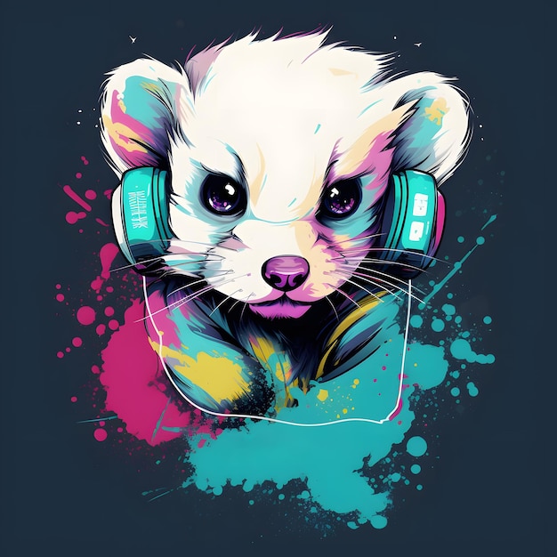 Orso panda con le cuffie in bocca e schizzi di vernice IA generativa