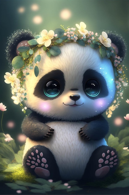 Orso panda con una corona di fiori in testa ai generativo