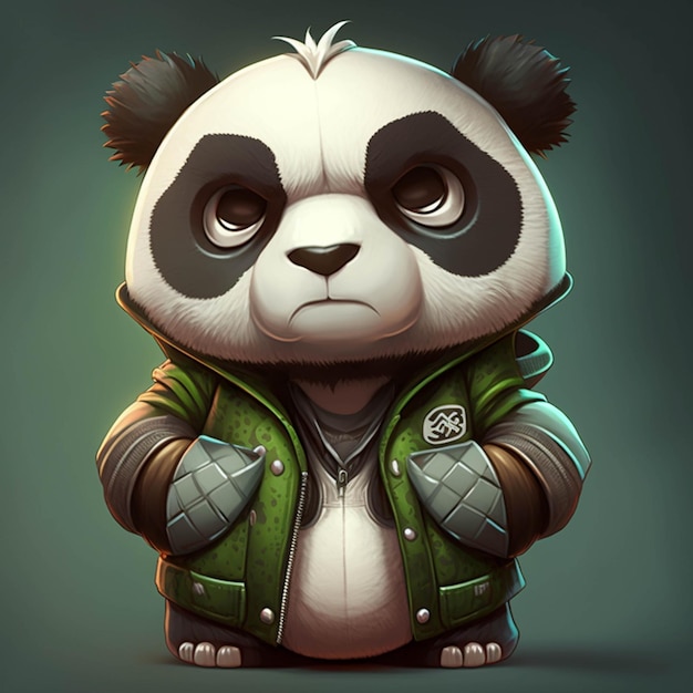 Orso panda con una giacca verde e una giacca verde generativa ai