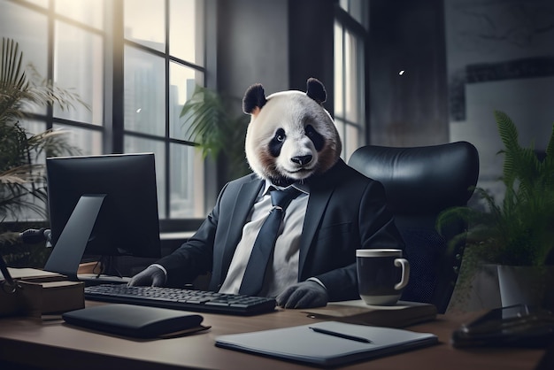 Orso panda in abito da lavoro seduto a un tavolo in ufficio AI generativa