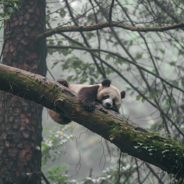 Orso panda pigro che dorme su un ramo d'albero Cina Riserva naturale della fauna selvatica Bifengxia Provincia del Sichuan