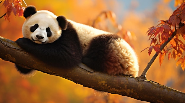 Orso panda pigro che dorme su un ramo di un albero in Cina selvaggia
