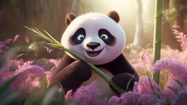 Orso panda seduto in un campo di fiori con un gambo di bambù generativo ai