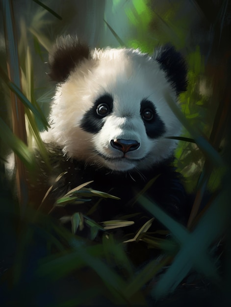 Orso panda seduto nell'erba guardando la telecamera ai generativa
