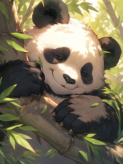 Orso panda seduto su un albero con foglie e rami generativi ai