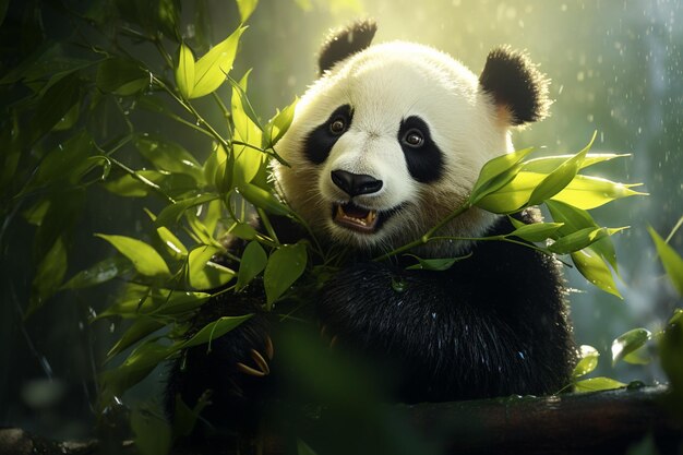 orso panda seduto su un albero con foglie in bocca ai generativa
