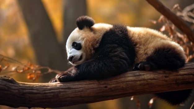 Orso panda seduto su un albero Orso panda che dorme su un ramo di un albero