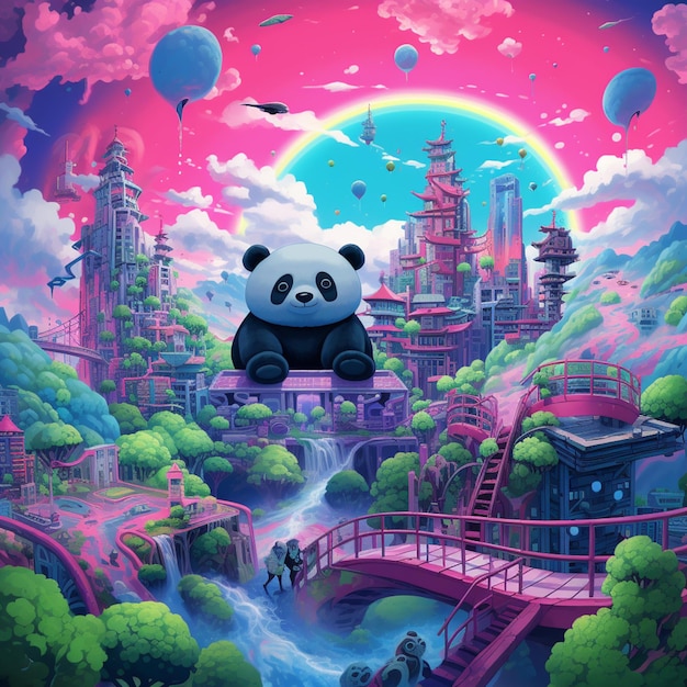 orso panda seduto su un ponte in un mondo fantastico con intelligenza artificiale generativa