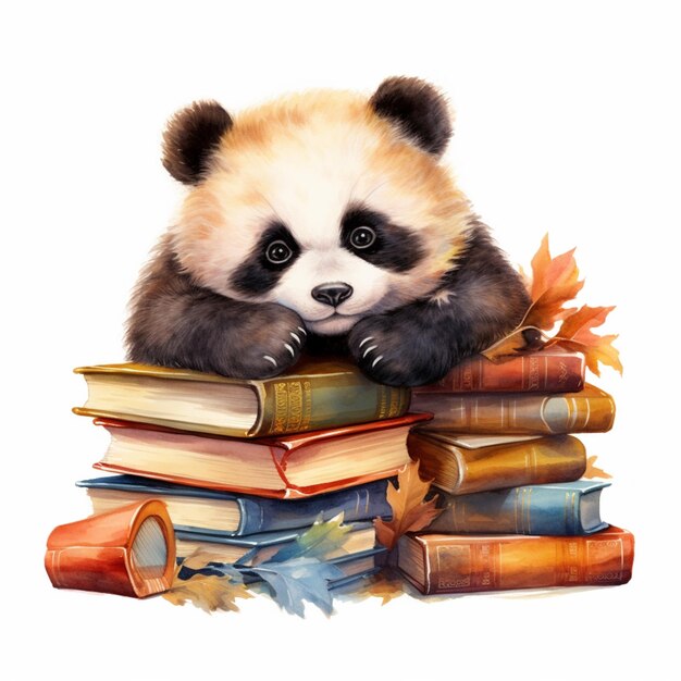 Orso panda seduto su una pila di libri con foglie autunnali generative ai
