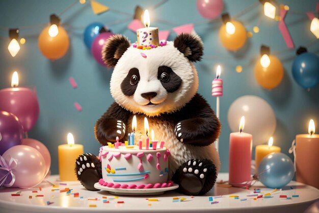 Orso panda su una torta di compleanno