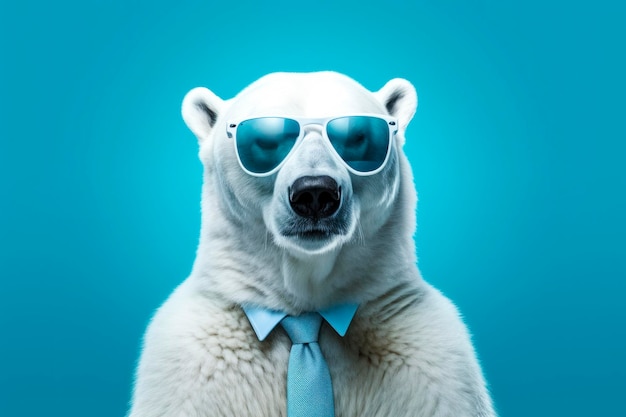 Orso polare bianco con gli occhiali da sole su uno sfondo blu elegante