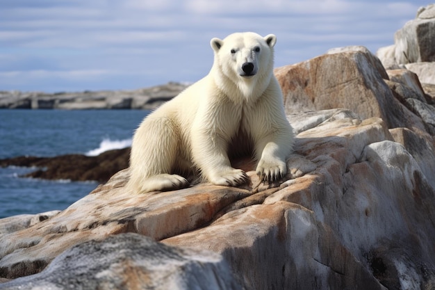 Orso polare bianco seduto su una roccia nel mare