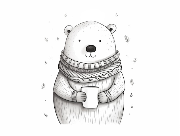 Orso polare carino sorridente con illustrazione monocromatica di tazza su bianco