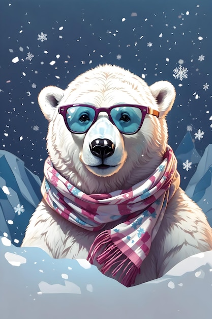 orso polare che indossa una sciarpa con occhiali lucidi pronti per stampare la neve isometrica con design della maglietta