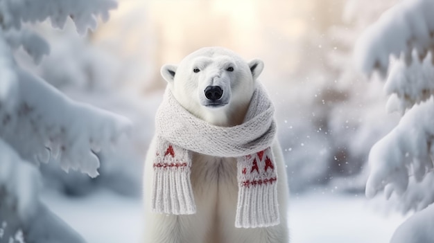 Orso polare che indossa una sciarpa nel freddo inverno