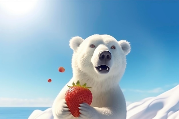 Orso polare divertente con fragola sullo sfondo del cielo blu