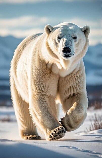 Orso polare in corsa sulla pista sullo sfondo natura del deserto fauna selvatica e neve