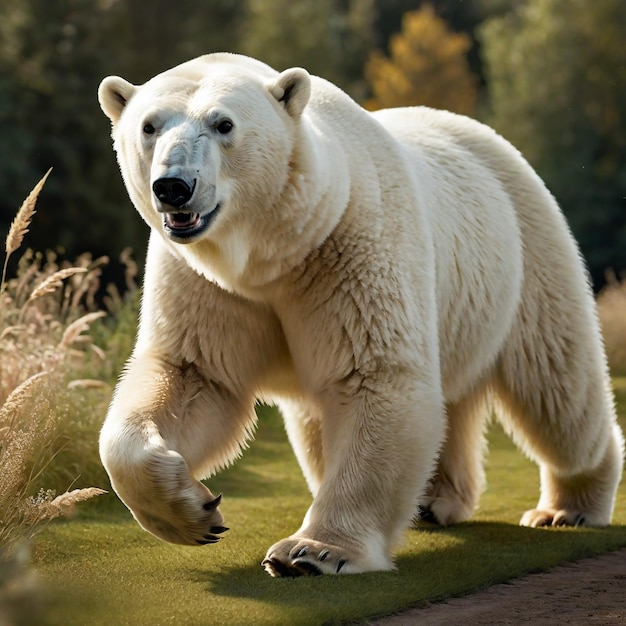 Orso polare in corsa sulla pista sullo sfondo natura del deserto fauna selvatica e neve