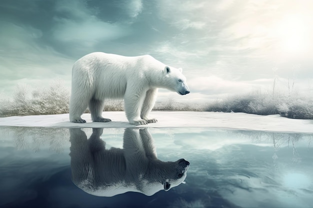 Orso polare in piedi su un lastrone di ghiaccio con colori tenui e toni freddi IA generativa