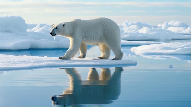 Orso polare su un ghiaccio sottile in cerca di cibo Le sfide poste dai cambiamenti climatici riscaldamento globale e ritiro dei ghiacci polari Paesaggio artico Banner Copy space