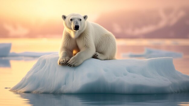 Orso polare su un iceberg durante un colorato tramonto