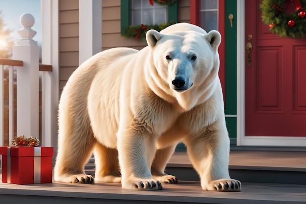 Orso polare sul portico della casa decorato per lo sfondo di Natale e Capodanno