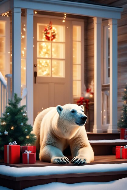 Orso polare sul portico della casa decorato per lo sfondo di Natale e Capodanno