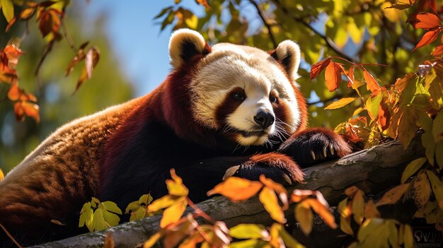 Orso selvatico in natura con il panda rosso nella foresta