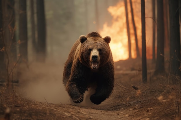 Orso spaventato che fugge da una foresta in fiamme AI generativa