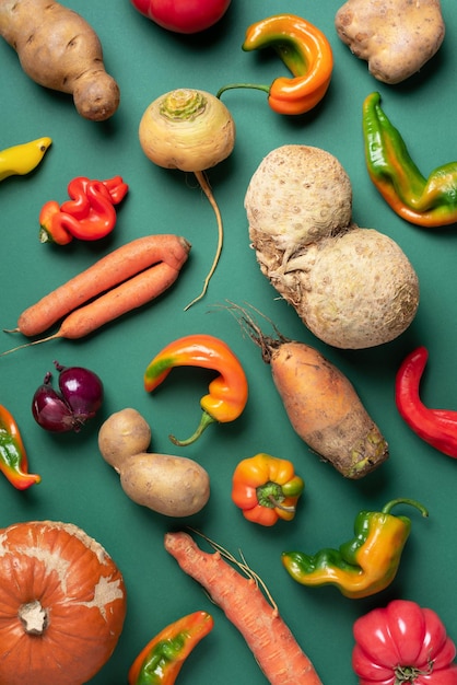 Ortaggi biologici brutti alla moda Assortimento di melanzane fresche cipolla carota zucchine patate zucca