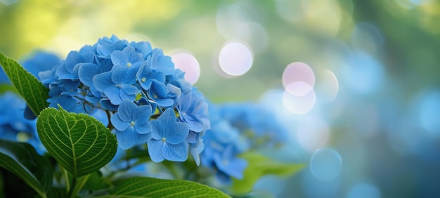 Ortensie su sfondo sfocato copia spazio striscia floreale