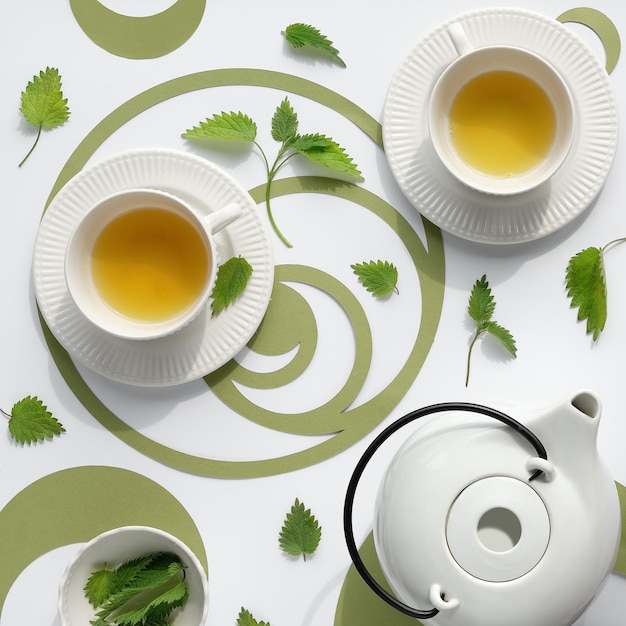 Ortica tazza da tè ortica erba foglie ornato piatto laici carta verde sequenza di Fibonacci cerchi su sfondo bianco medicina alternativa rimedio a base di erbe concetto