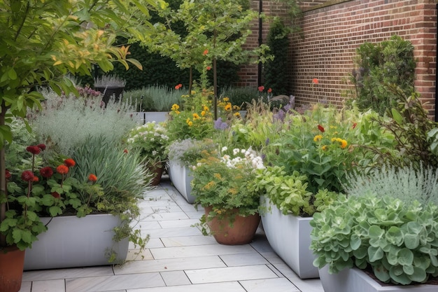 Orto con erbe e piante fiorite che completano il patio contemporaneo