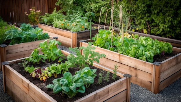 Orto in legno con letto rialzato che è organico per la semina verticale, compresi i fagioli verdure coltivate localmente in una grande metropoli IA generativa