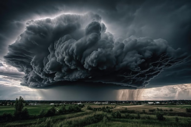 Oscura e minacciosa formazione di nuvole temporalesche nel cielo che segnalano una tempesta imminente AI generativa